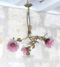 Load image into Gallery viewer, 19TH Excpt French Gilded Bronze Louis XVI  Chandelier 4 fires Rare Pink Shades
