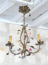 Load image into Gallery viewer, Gorgeous French Vintage brass Louis XVI Chandelier Porcelain Flower Foliage 1940
