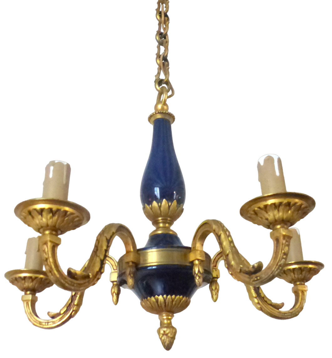 1930 Gorgeous Antique French Bronze RARE Cobalt Porcelain Chandelier Louis XVI