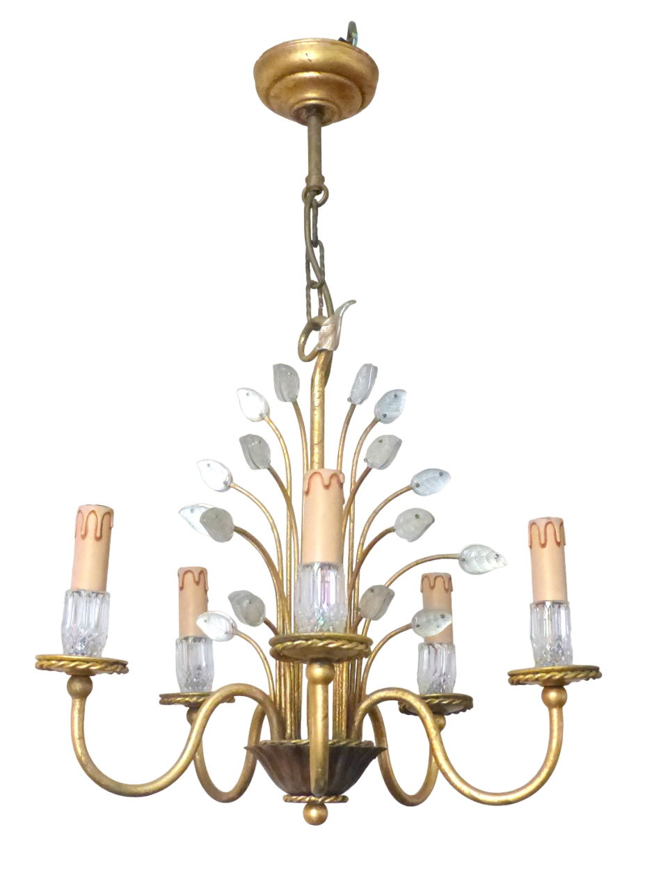 BANCI Firenze Gorgeous Mid-Century Gilt Iron Floral Chandelier Crystal 5 Fires