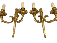 Load image into Gallery viewer, Vintage PAIR French Empire Wall Light Sconce 2 Lights Torch Gilded Bronze 1950
