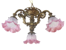 Load image into Gallery viewer, 19TH Charming French Gilded Bronze Louis XV Rococo Chandelier 3 fires Shades
