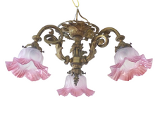 Load image into Gallery viewer, 19TH Charming French Gilded Bronze Louis XV Rococo Chandelier 3 fires Shades
