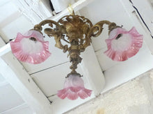 Load image into Gallery viewer, 19TH Charming French Gilded Bronze Louis XV Rococo Chandelier 3 fires Shades
