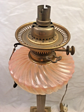 Load image into Gallery viewer, XL BACCARAT Pink Bamboo &amp; HINKS Corinthian Bronze Mount Kerosene Oil Lamp 19TH
