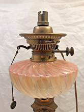 Load image into Gallery viewer, XL BACCARAT Pink Bamboo &amp; HINKS Corinthian Bronze Mount Kerosene Oil Lamp 19TH
