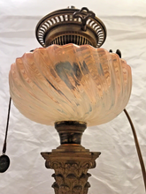 Load image into Gallery viewer, XL BACCARAT Pink Bamboo &amp; HINKS Corinthian Bronze Mount Kerosene Oil Lamp 19TH
