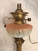 Load image into Gallery viewer, XL BACCARAT Pink Bamboo &amp; HINKS Corinthian Bronze Mount Kerosene Oil Lamp 19TH
