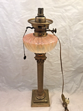 Load image into Gallery viewer, XL BACCARAT Pink Bamboo &amp; HINKS Corinthian Bronze Mount Kerosene Oil Lamp 19TH
