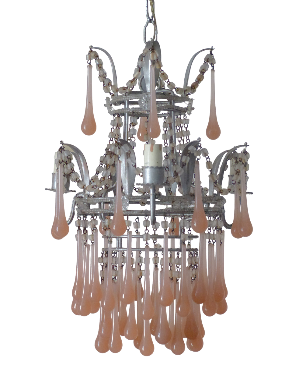 Antique Chandelier Peachy PINK Opaline Drops Beads 1920 MURANO RARE 3 lights