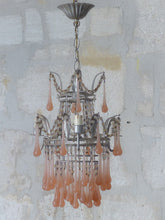 Load image into Gallery viewer, Antique Chandelier Peachy PINK Opaline Drops Beads 1920 MURANO RARE 3 lights
