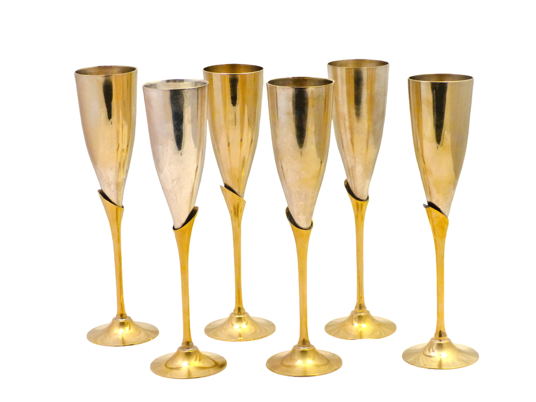 Charming Set of x6 Vintage Champagne Flutes - Brass & Gilded Metal - 9