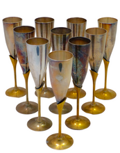 Load image into Gallery viewer, Charming Set of x10 Vintage Champagne Flutes - Brass &amp; Gilded Metal - 9&quot;
