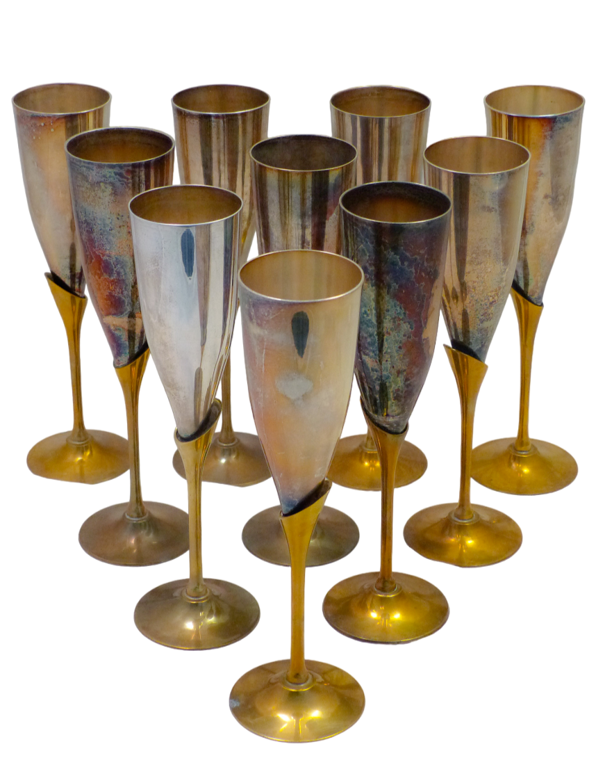 Charming Set of x10 Vintage Champagne Flutes - Brass & Gilded Metal - 9