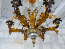 Load image into Gallery viewer, BANCI Gorgeous Mid-Century Painted Iron Bronze Glass Floral Foliage Chandelier
