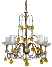 Load image into Gallery viewer, Vintage Chandelier Amber Glass Drops Prisms Beads 1940 Italian Ceiling 5 Lights
