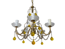 Load image into Gallery viewer, Vintage Chandelier Amber Glass Drops Prisms Beads 1940 Italian Ceiling 5 Lights
