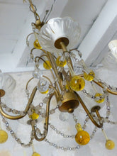 Load image into Gallery viewer, Vintage Chandelier Amber Glass Drops Prisms Beads 1940 Italian Ceiling 5 Lights
