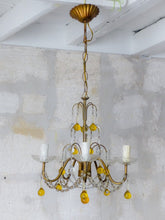 Load image into Gallery viewer, Vintage Chandelier Amber Glass Drops Prisms Beads 1940 Italian Ceiling 5 Lights
