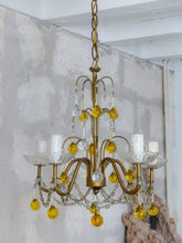 Load image into Gallery viewer, Vintage Chandelier Amber Glass Drops Prisms Beads 1940 Italian Ceiling 5 Lights
