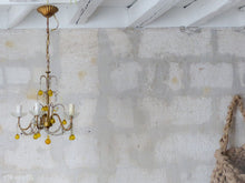 Load image into Gallery viewer, Vintage Chandelier Amber Glass Drops Prisms Beads 1940 Italian Ceiling 5 Lights
