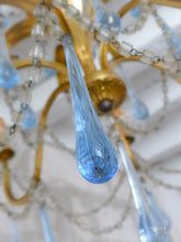 Load image into Gallery viewer, Rare French Hollywood Vintage Brass  Foliage Chandelier Blue Glass Drops 1970
