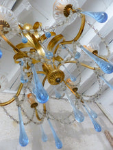 Load image into Gallery viewer, Rare French Hollywood Vintage Brass  Foliage Chandelier Blue Glass Drops 1970
