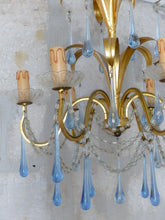 Load image into Gallery viewer, Rare French Hollywood Vintage Brass  Foliage Chandelier Blue Glass Drops 1970
