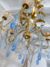 Load image into Gallery viewer, Rare French Hollywood Vintage Brass  Foliage Chandelier Blue Glass Drops 1970
