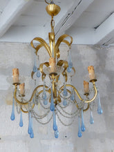 Load image into Gallery viewer, Rare French Hollywood Vintage Brass  Foliage Chandelier Blue Glass Drops 1970
