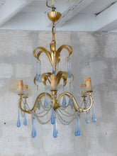 Load image into Gallery viewer, Rare French Hollywood Vintage Brass  Foliage Chandelier Blue Glass Drops 1970
